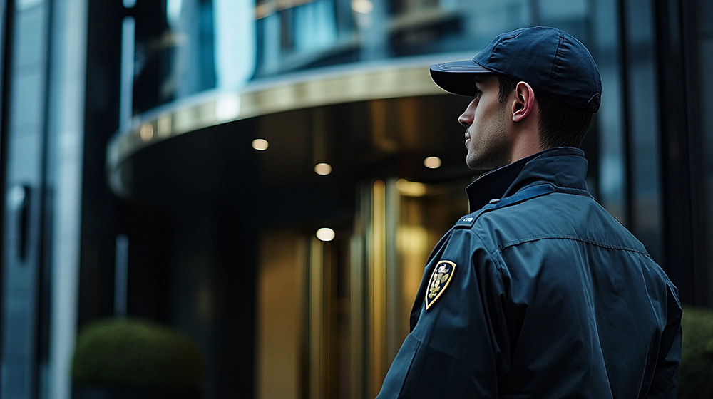 Security personnel standing guard outside a modern building during late evening hours
